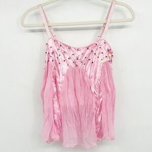 Womens Y2K Coquette Fairycore Pink Satin Beaded Sequin Cami Top Sparkly Size S